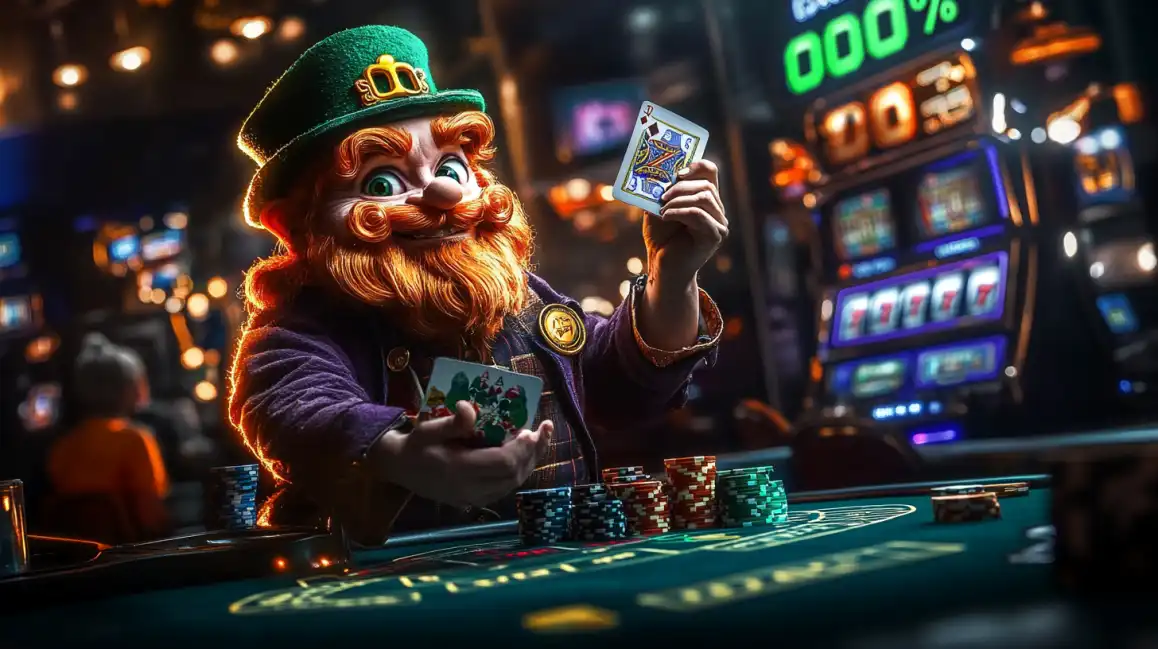 Leprechaun character with poker cards at casino table representing luck and professional gaming
