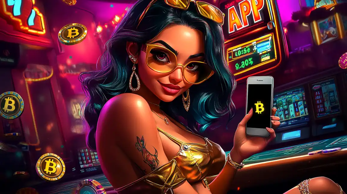 Woman in golden outfit with Bitcoin casino app showing cryptocurrency gaming options