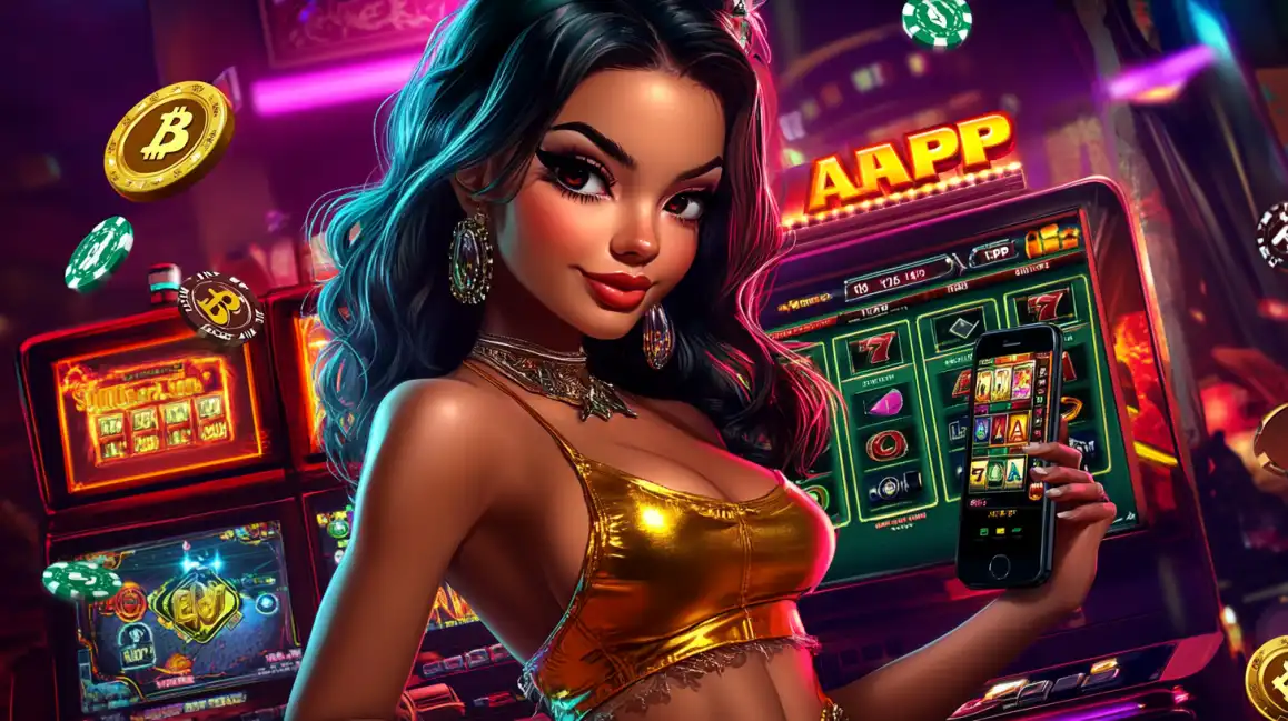Woman using casino app on tablet in neon-lit futuristic environment