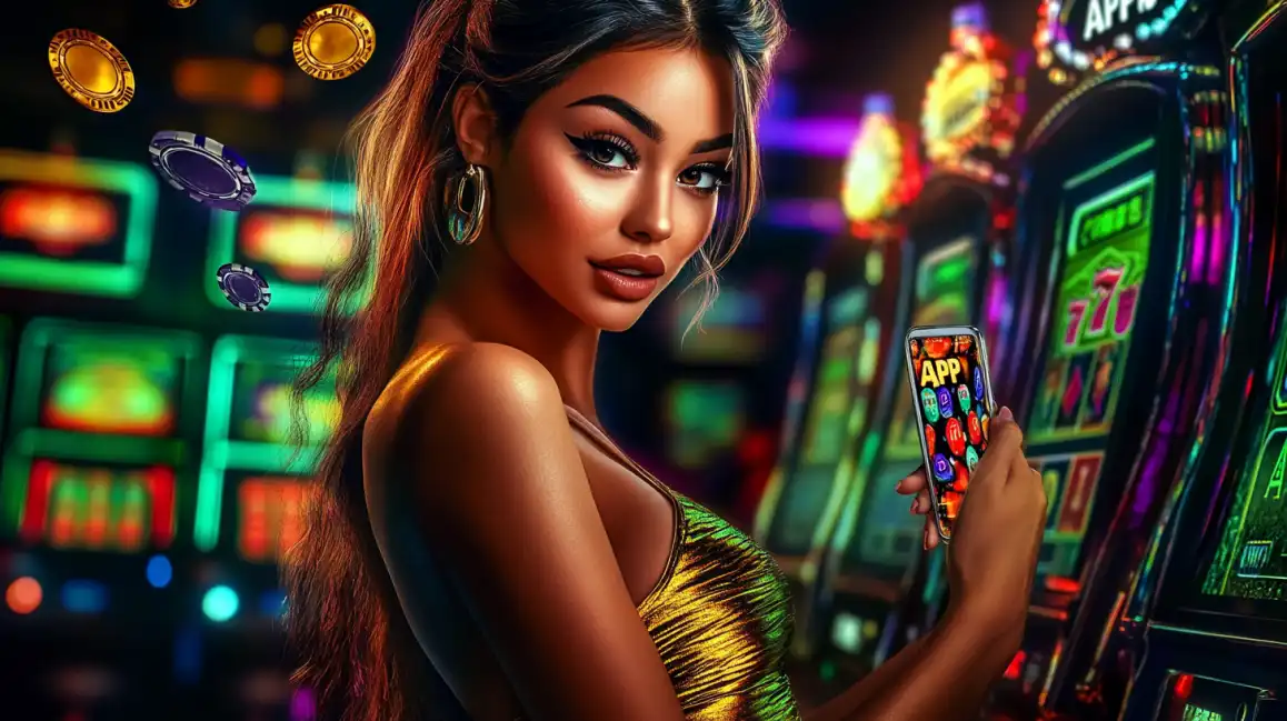 Woman using casino mobile app playing slots with vibrant gaming interface and excitement
