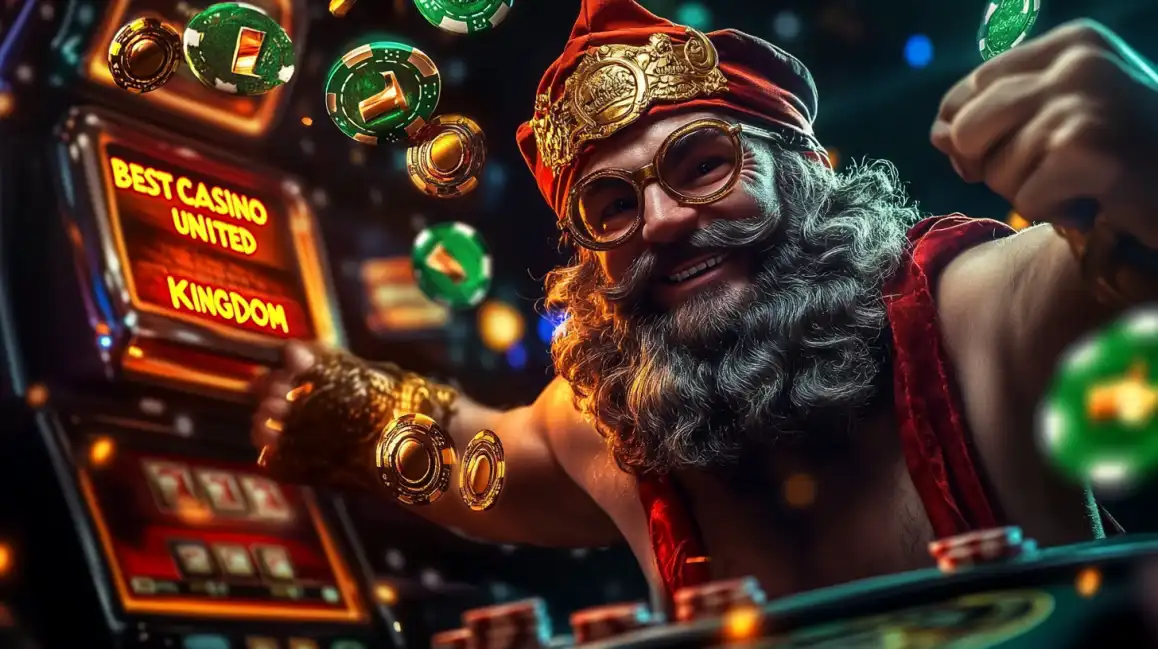 Cheerful bearded man in ornate costume celebrating slot machine win with flying casino chips
