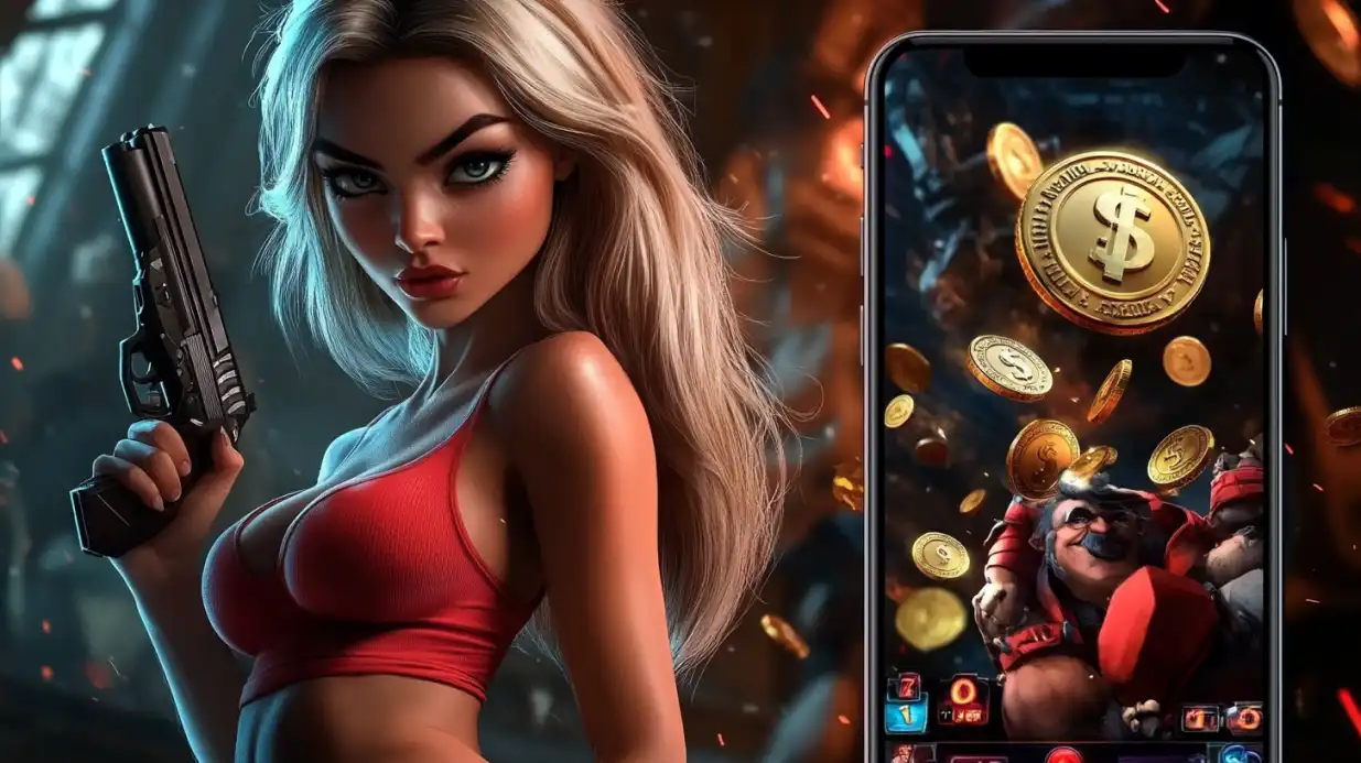 Action woman with gun in mobile casino environment with dramatic gaming atmosphere