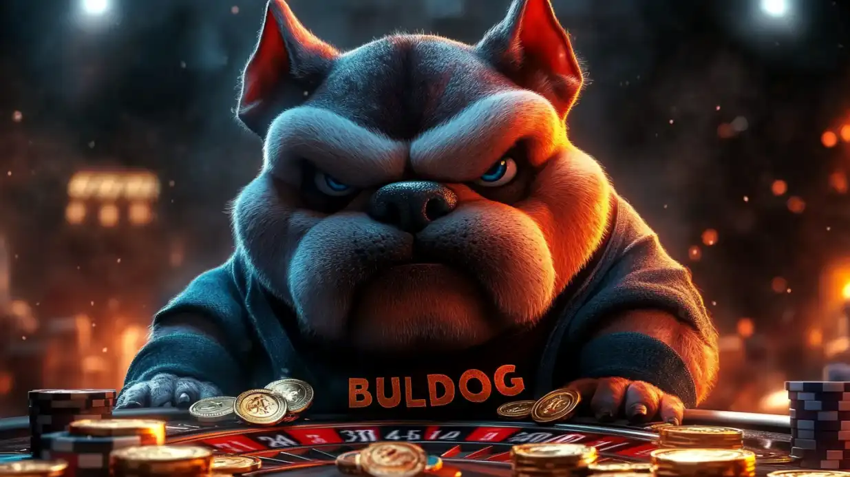 Bulldog mascot at casino poker table with cards and chips representing loyalty rewards