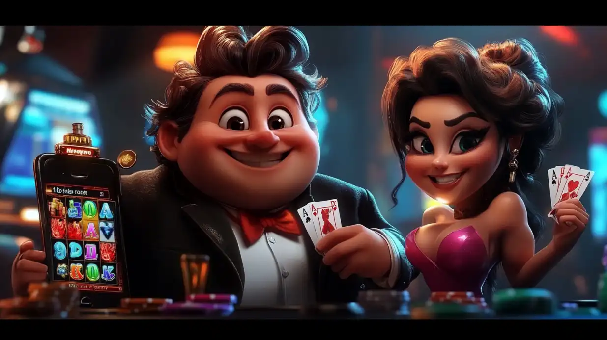 Cartoon couple enjoying casino games responsibly on mobile devices with cards and chips