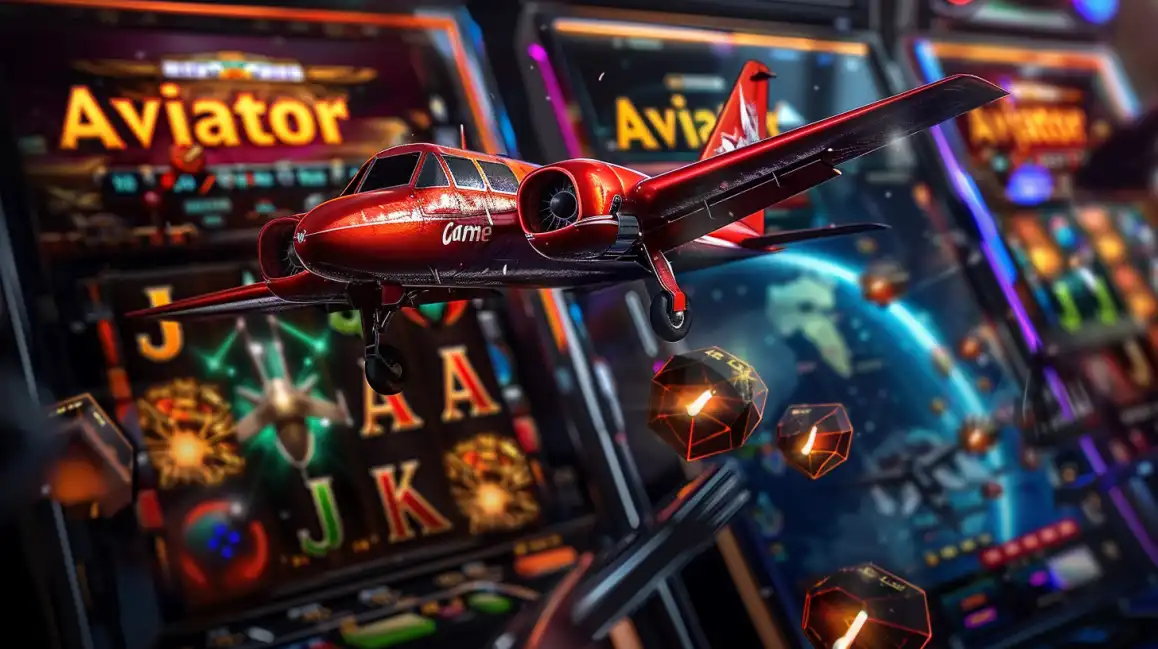 Red vintage aircraft flying over casino slot machines with Aviator game branding and glowing effects