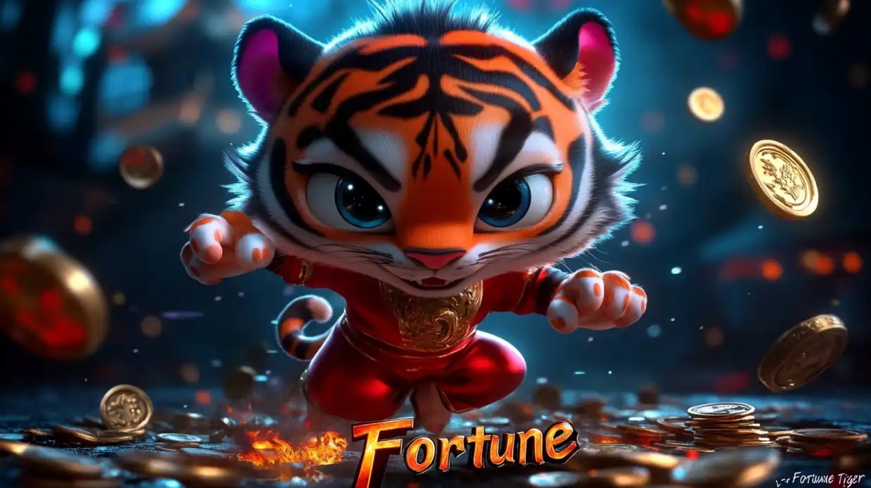 Adorable tiger cub in red outfit with flying golden coins and Fortune game branding