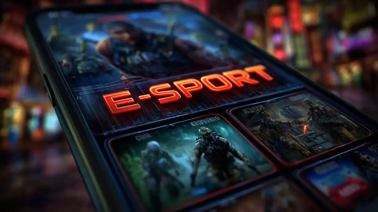 Esports betting on mobile device with gaming interface and competitive gaming atmosphere
