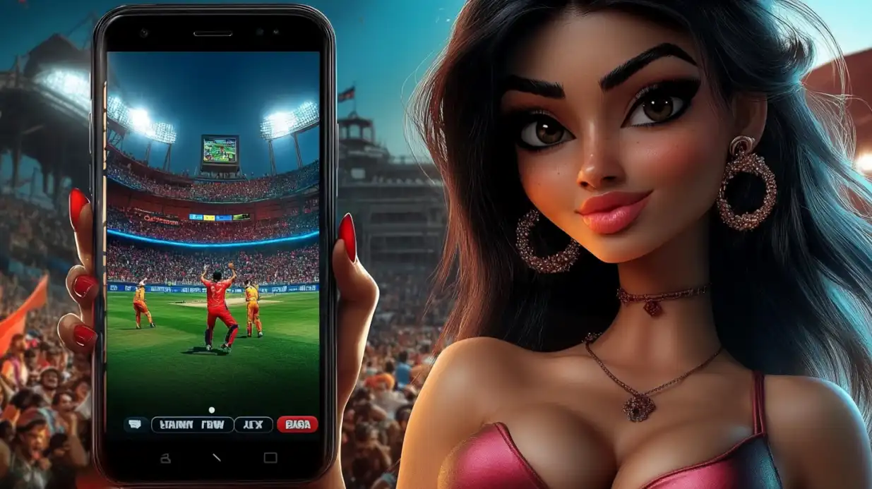Woman sports betting at stadium using mobile phone with excitement and stadium atmosphere