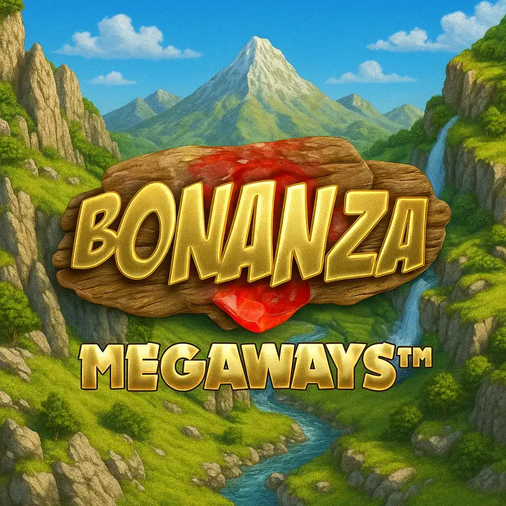 Bonanza Megaways slot with wooden logo and mountain mine backdrop