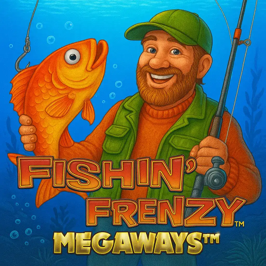 Fishin' Frenzy Megaways slot with fisherman holding big orange fish