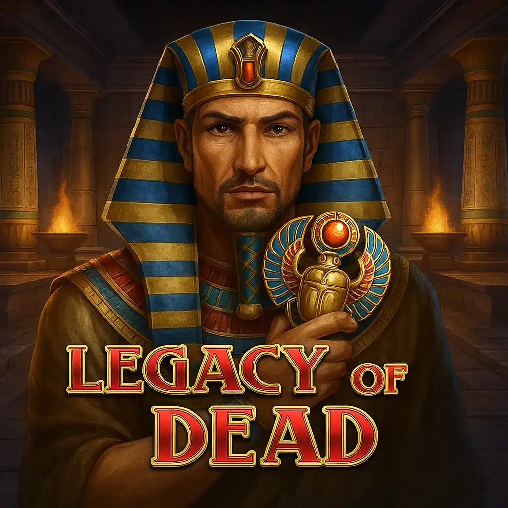 Legacy of Dead slot showing pharaoh holding golden scarab in Egyptian temple